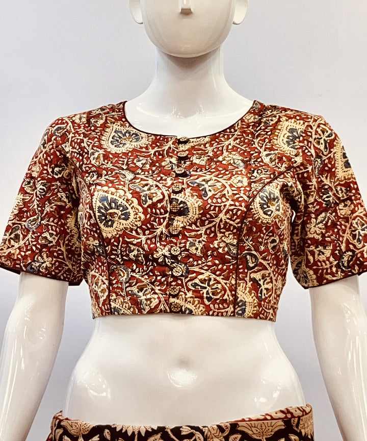 Red beige black kalamkari handblock printed cotton blouse