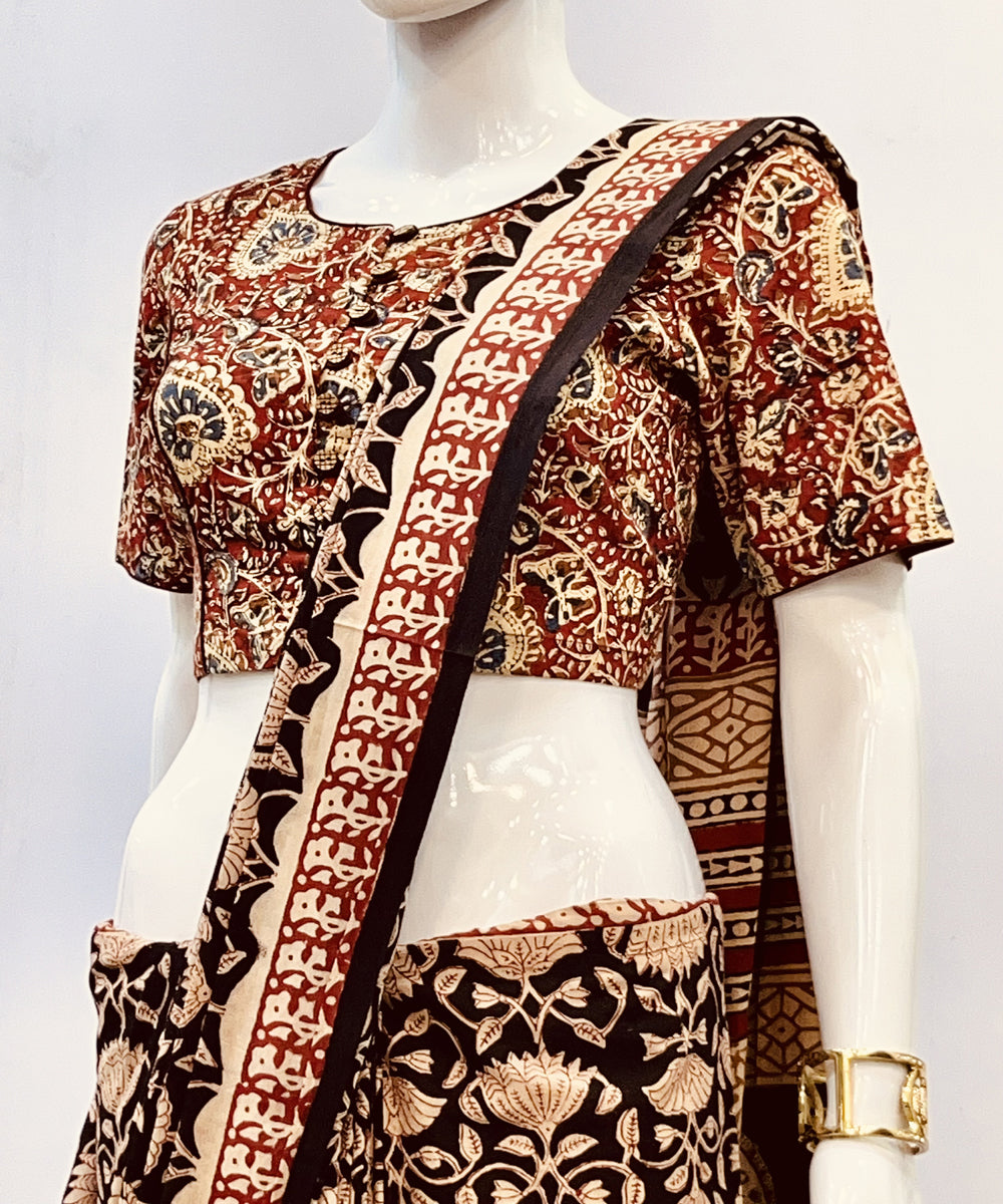 Red beige black kalamkari handblock printed cotton blouse