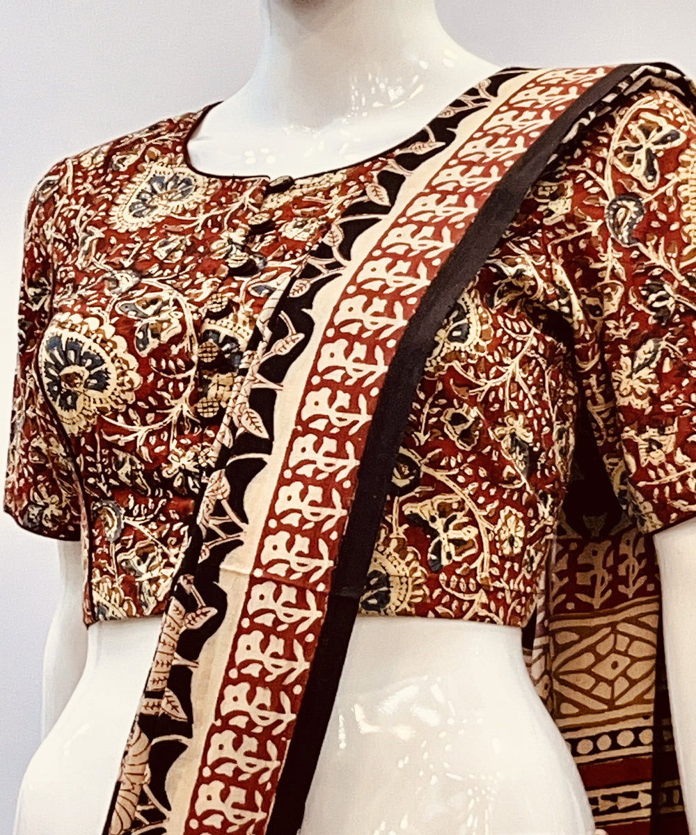 Red beige black kalamkari handblock printed cotton blouse