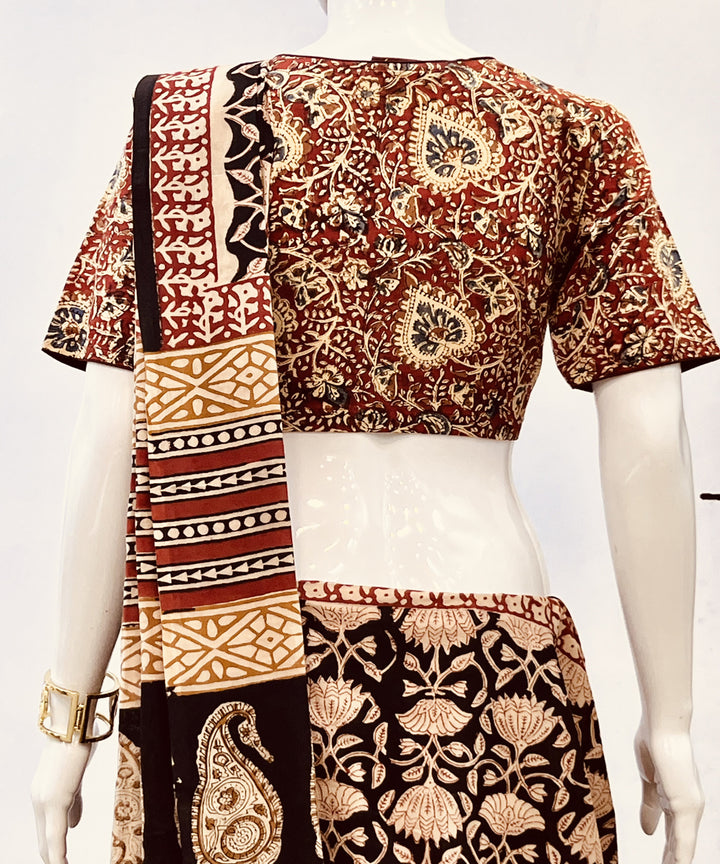 Red beige black kalamkari handblock printed cotton blouse