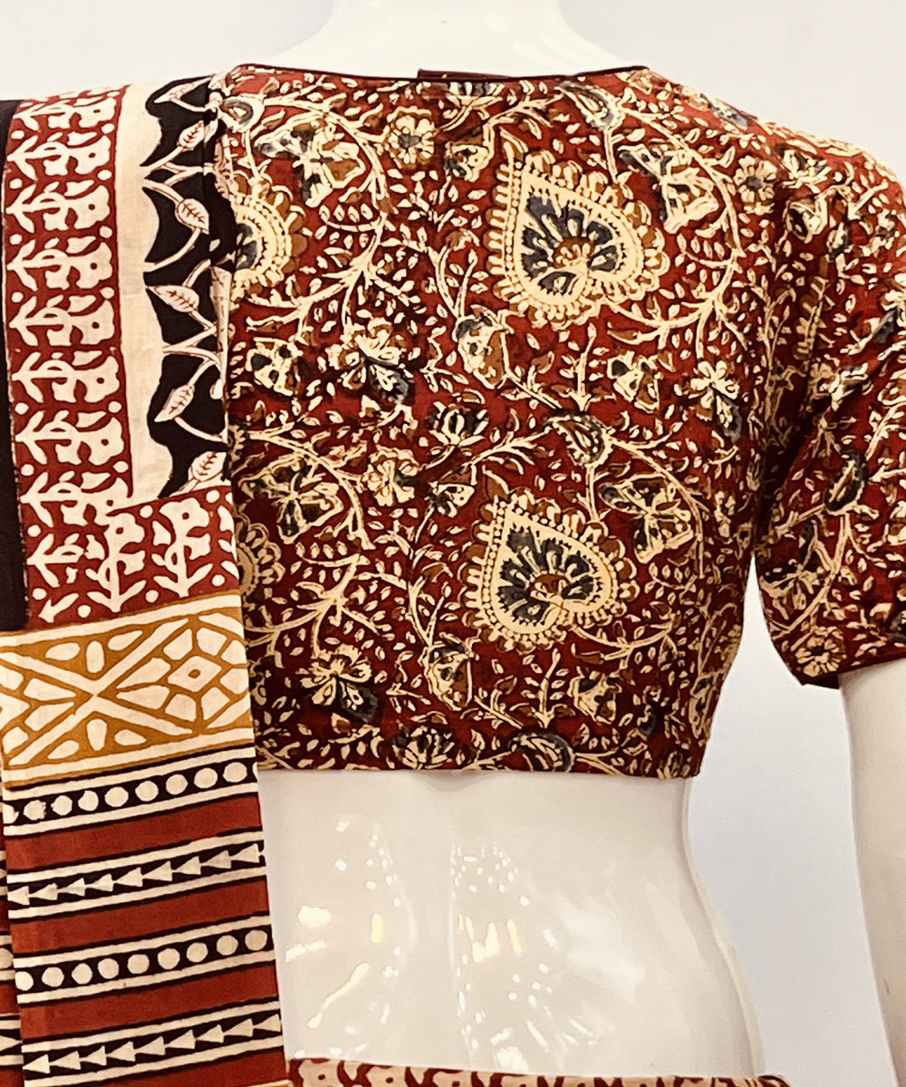 Red beige black kalamkari handblock printed cotton blouse