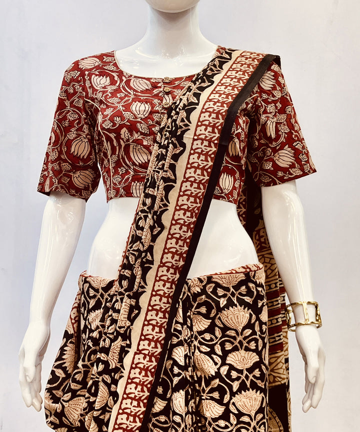 Red beige kalamkari cotton hand block printed blouse