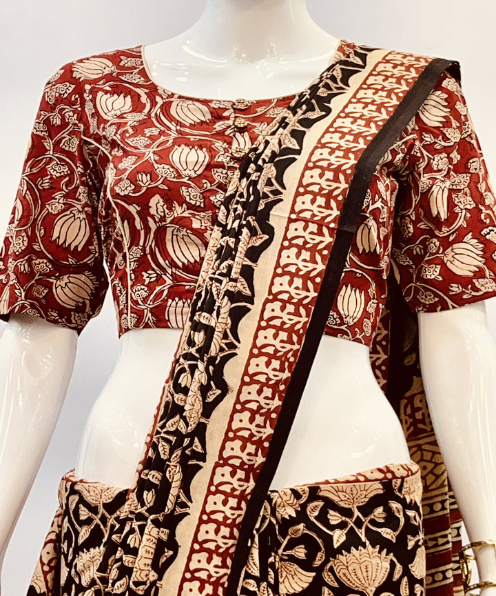 Red beige kalamkari cotton hand block printed blouse