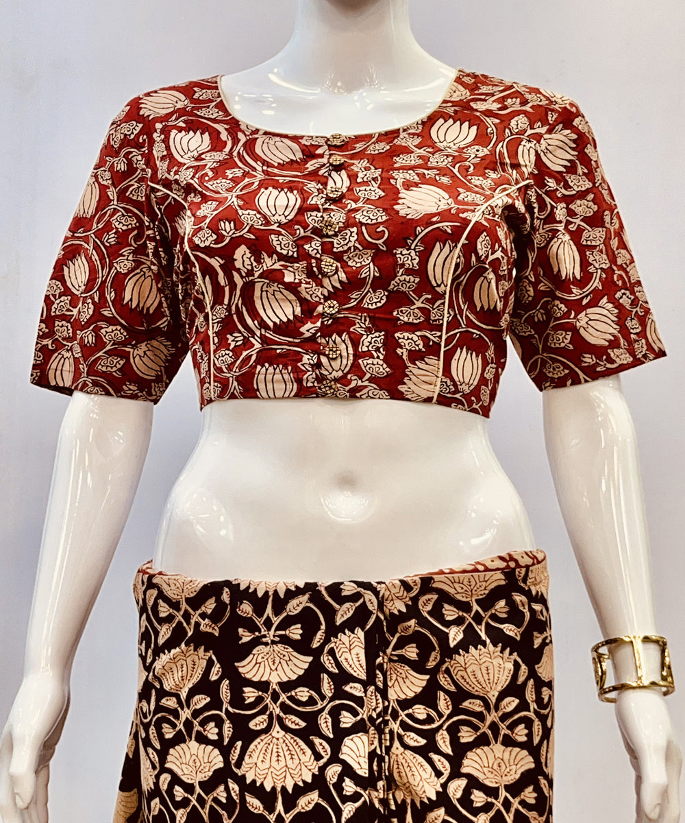 Red beige kalamkari cotton hand block printed blouse