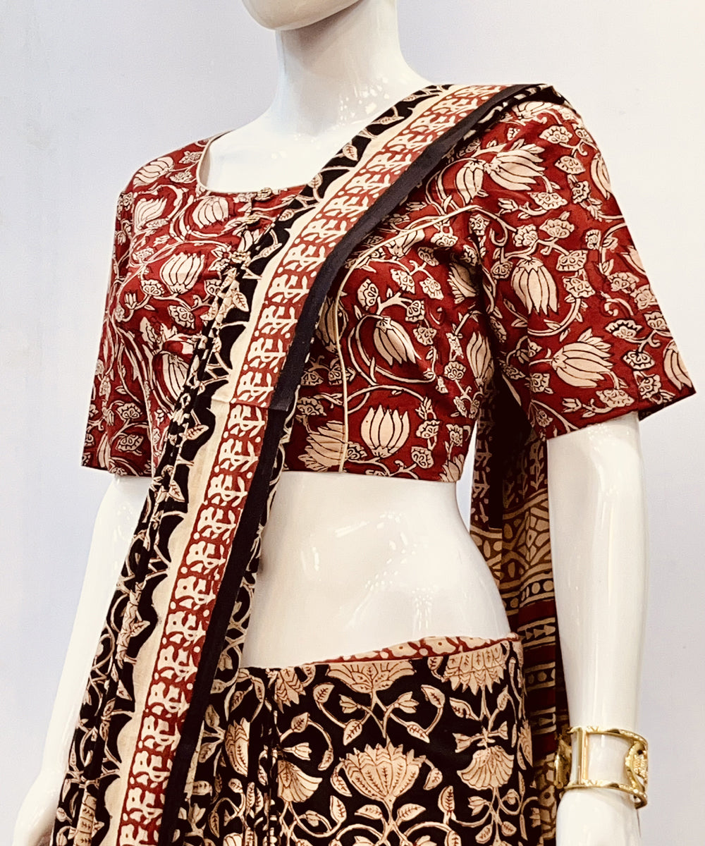 Red beige kalamkari cotton hand block printed blouse