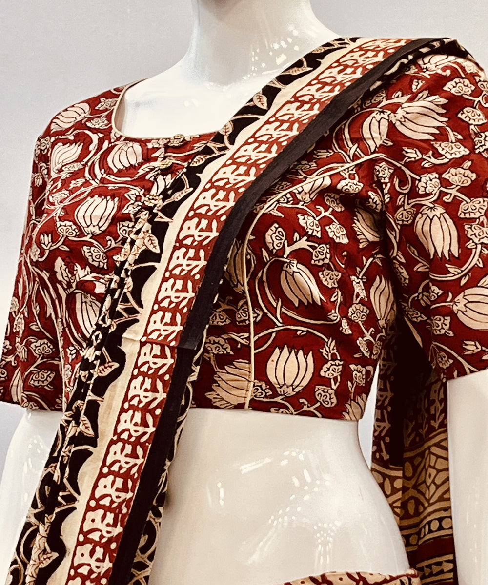 Red beige kalamkari cotton hand block printed blouse