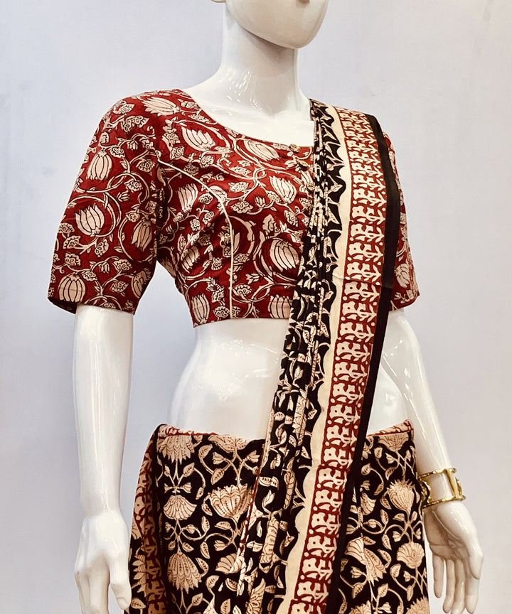 Red beige kalamkari cotton hand block printed blouse