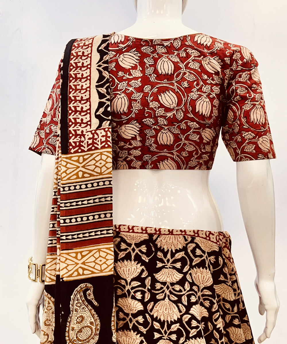 Red beige kalamkari cotton hand block printed blouse