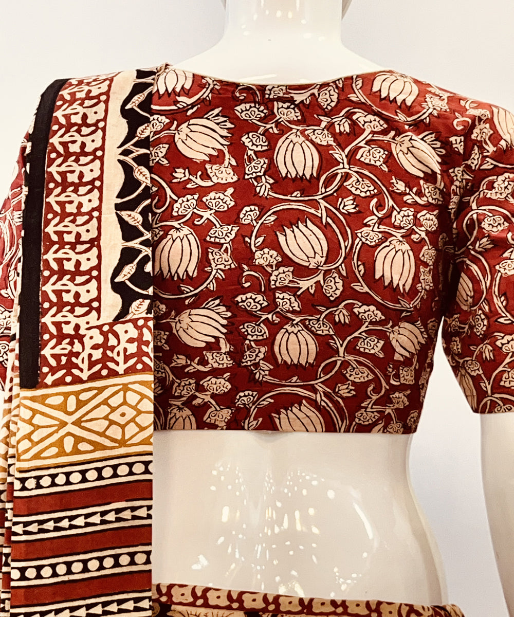 Red beige kalamkari cotton hand block printed blouse