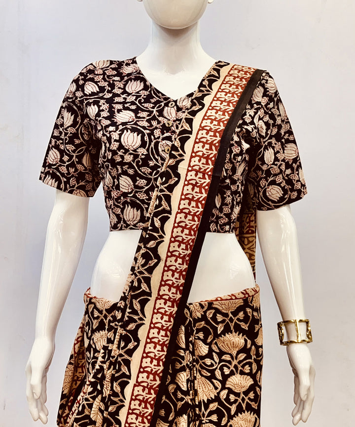 Black beige kalamkari handblock printed cotton blouse