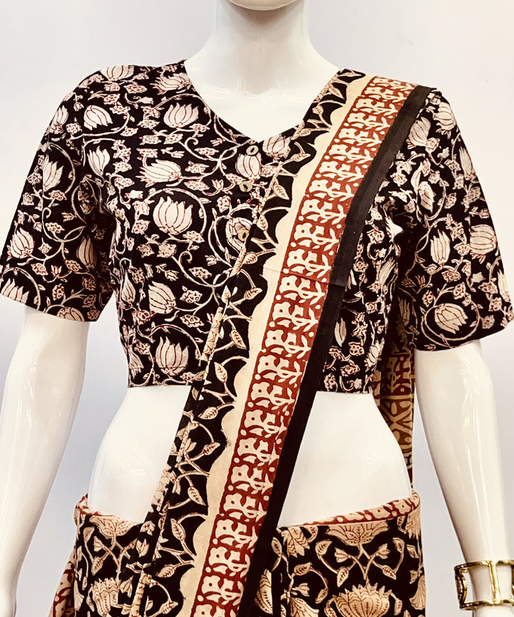 Black beige kalamkari handblock printed cotton blouse