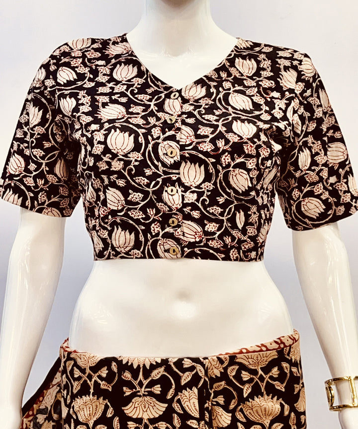 Black beige kalamkari handblock printed cotton blouse