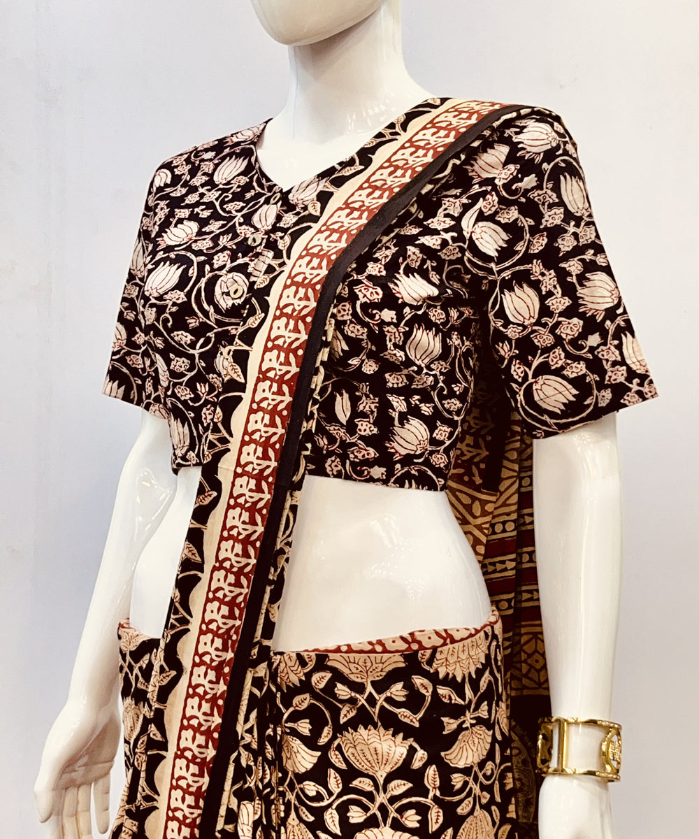 Black beige kalamkari handblock printed cotton blouse