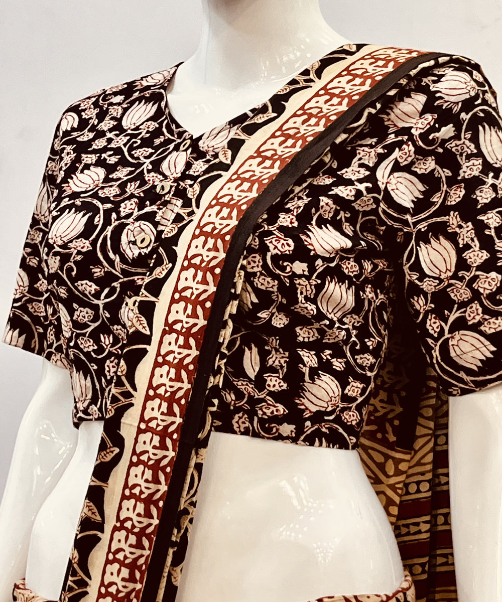 Black beige kalamkari handblock printed cotton blouse