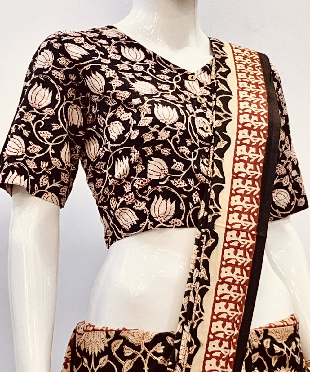 Black beige kalamkari handblock printed cotton blouse