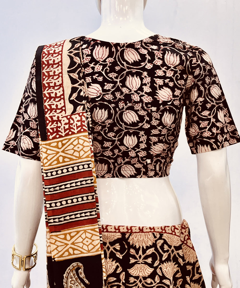 Black beige kalamkari handblock printed cotton blouse