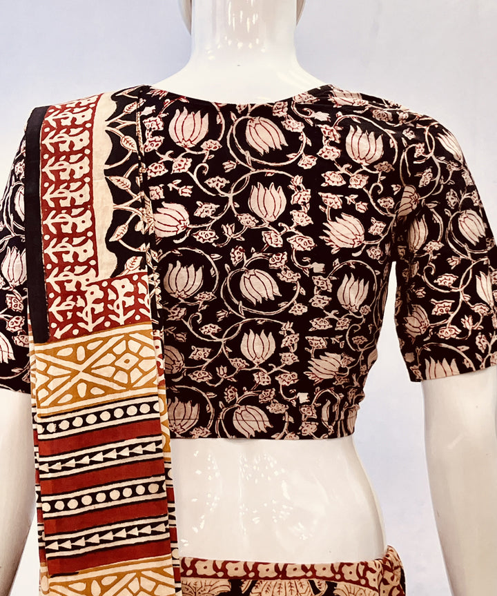 Black beige kalamkari handblock printed cotton blouse