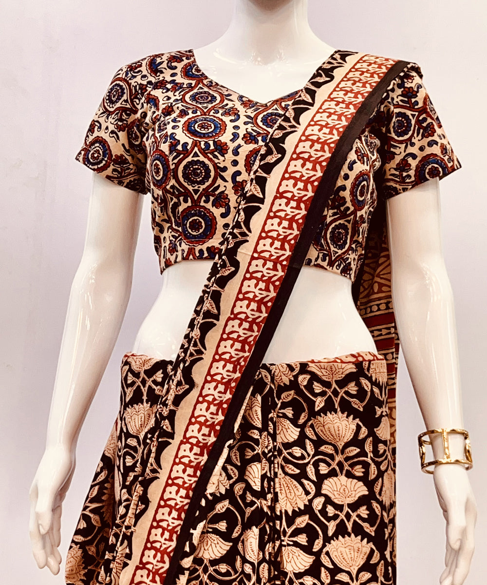 Black beige ajrakh handblock printed cotton padded blouse