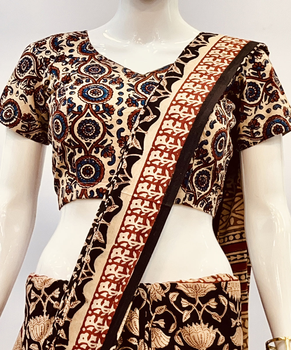 Black beige ajrakh handblock printed cotton padded blouse