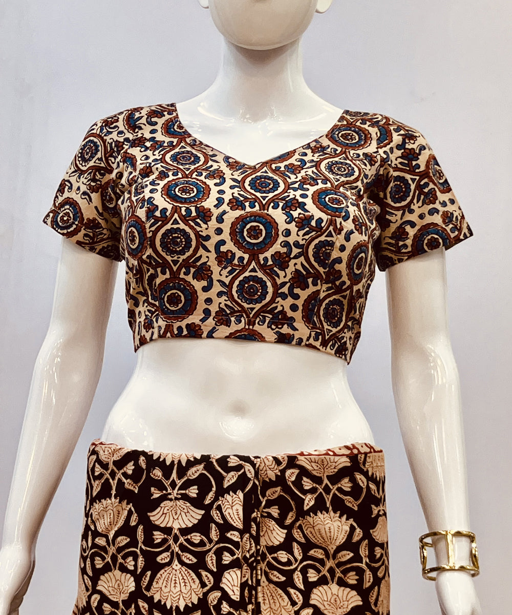 Black beige ajrakh handblock printed cotton padded blouse