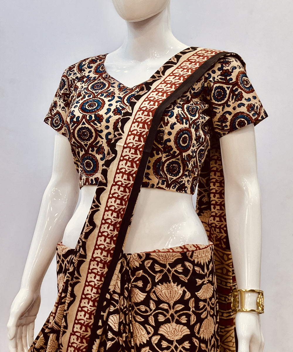 Black beige ajrakh handblock printed cotton padded blouse