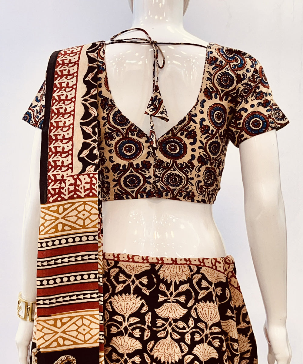 Black beige ajrakh handblock printed cotton padded blouse