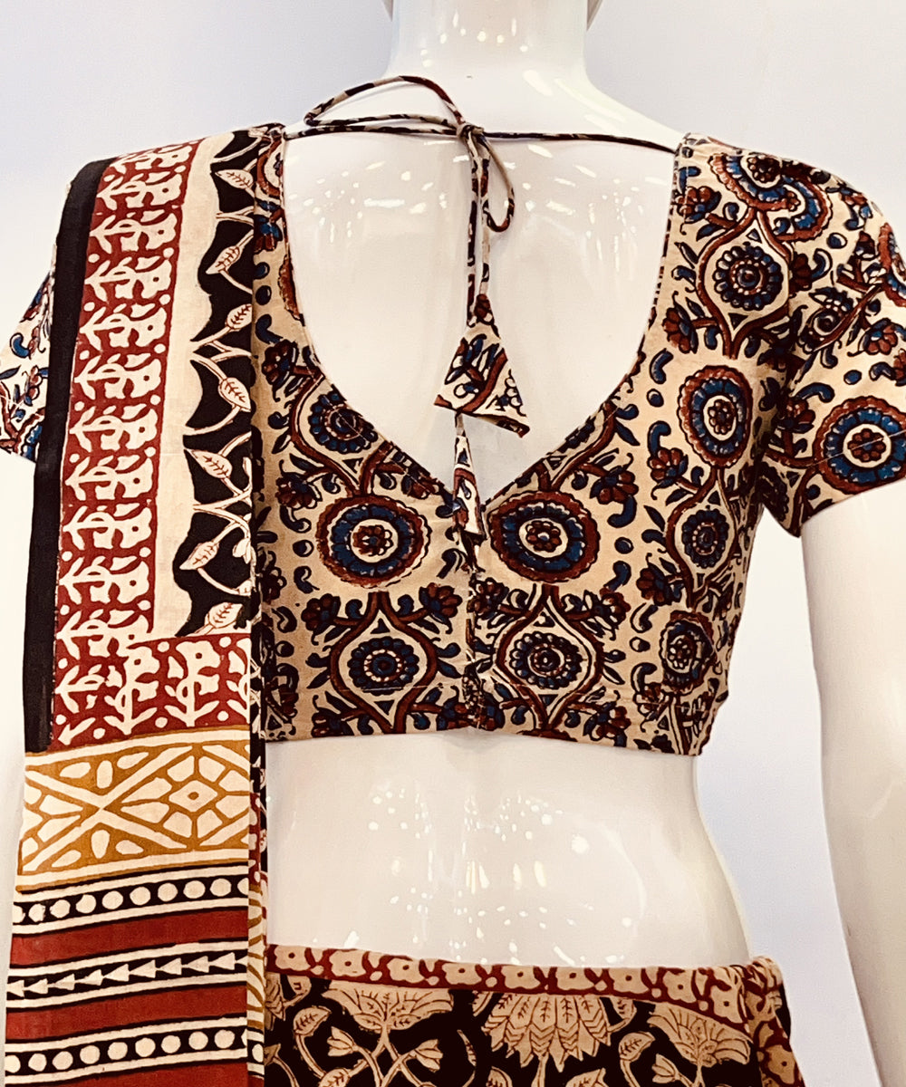 Black beige ajrakh handblock printed cotton padded blouse