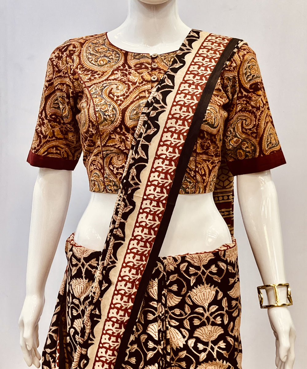 Mustard red kalamkari handblock printed cotton blouse