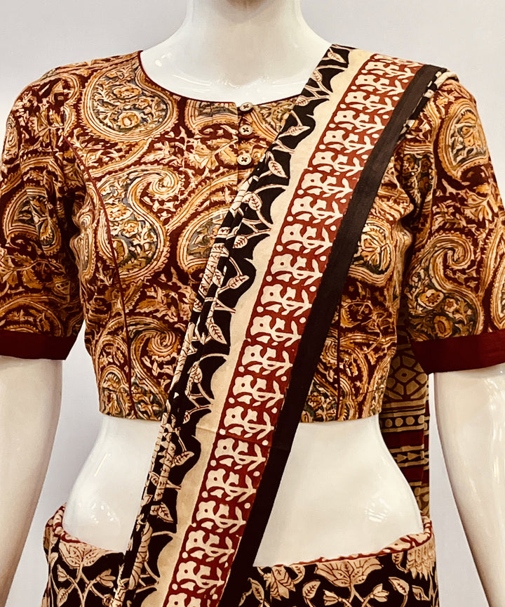 Mustard red kalamkari handblock printed cotton blouse