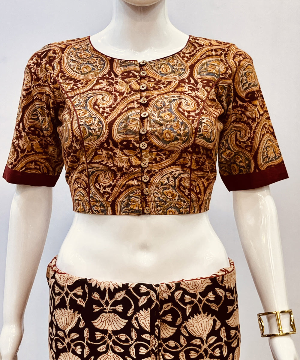 Mustard red kalamkari handblock printed cotton blouse