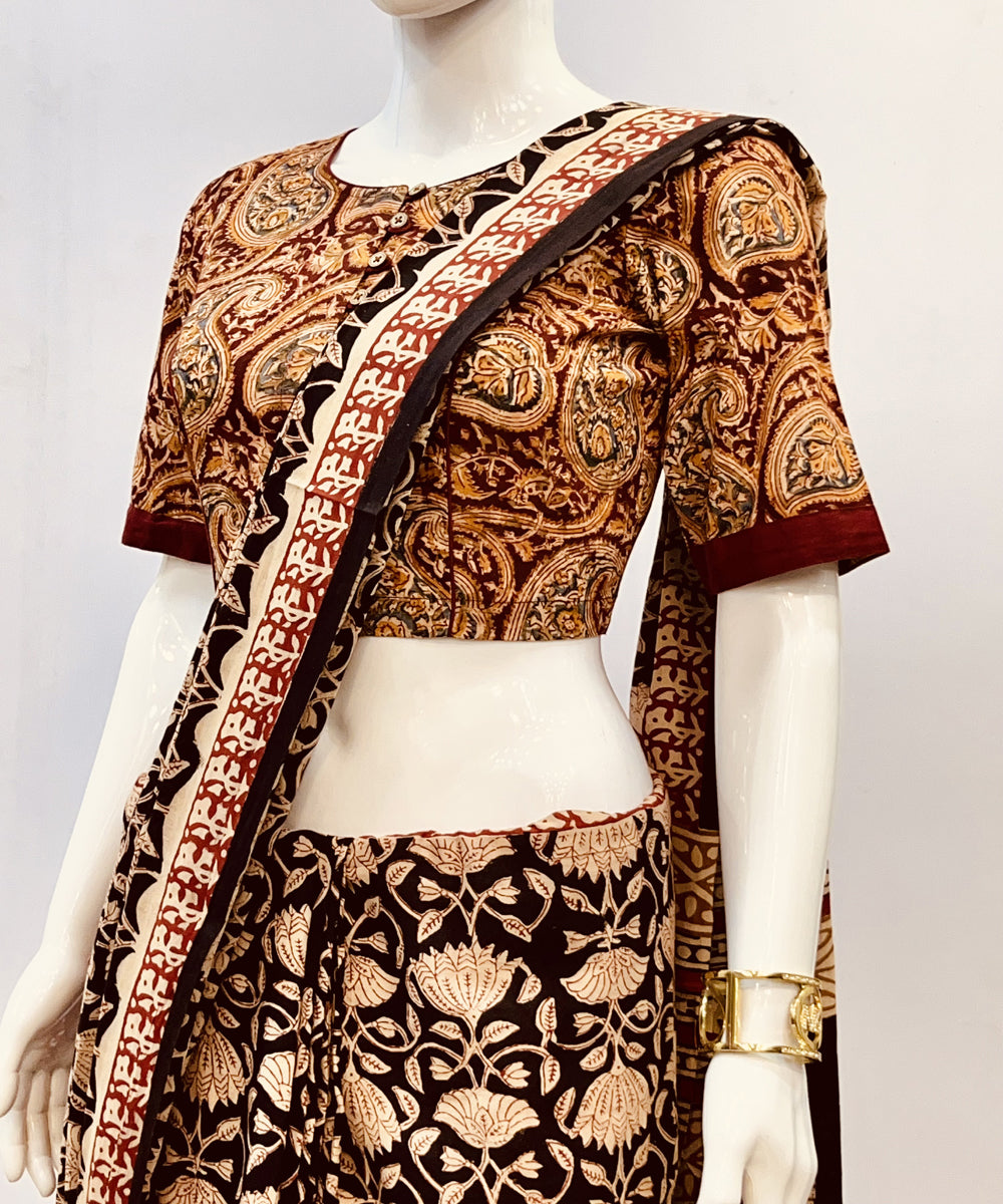 Mustard red kalamkari handblock printed cotton blouse