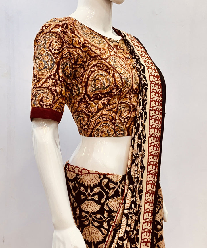 Mustard red kalamkari handblock printed cotton blouse