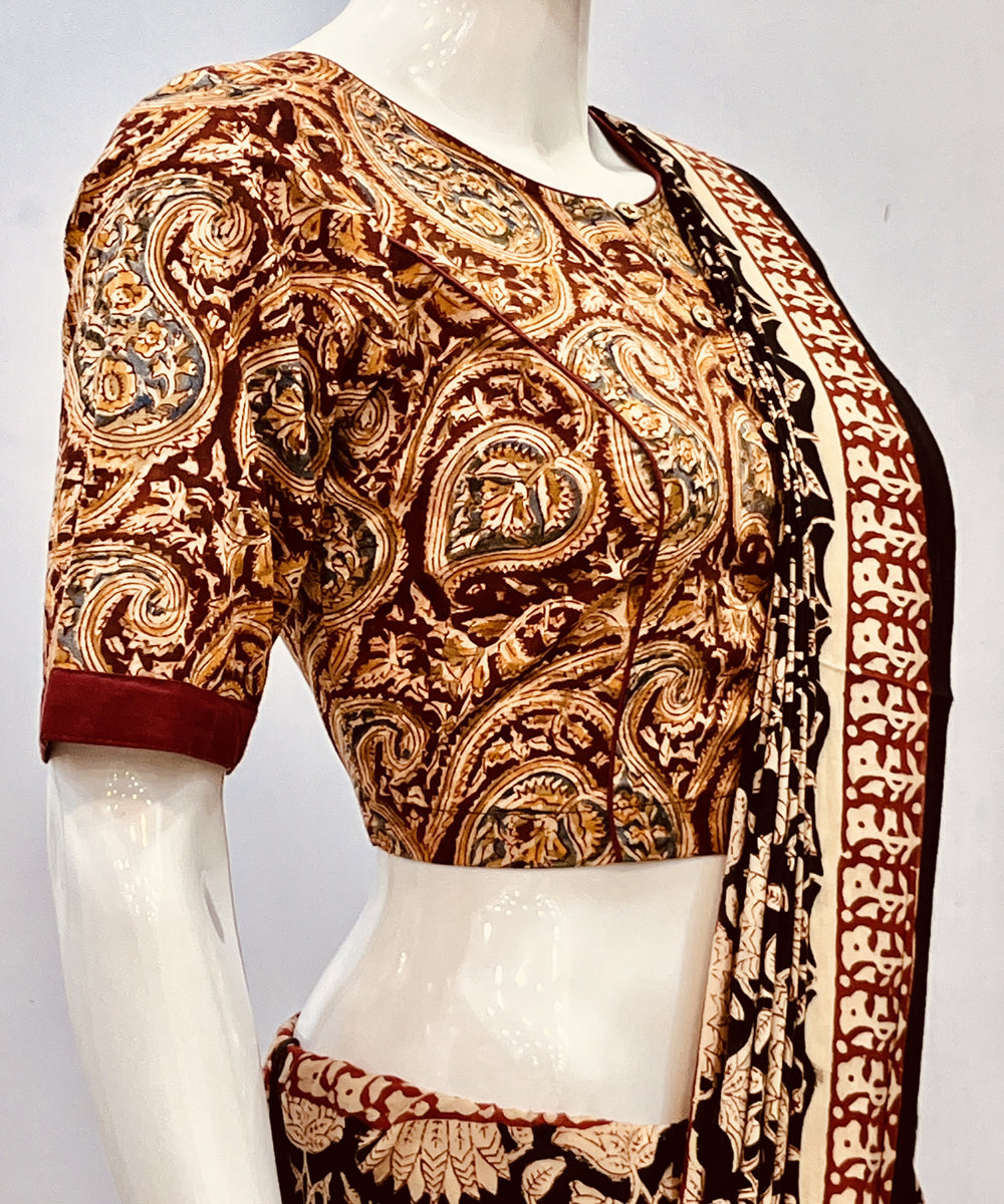 Mustard red kalamkari handblock printed cotton blouse