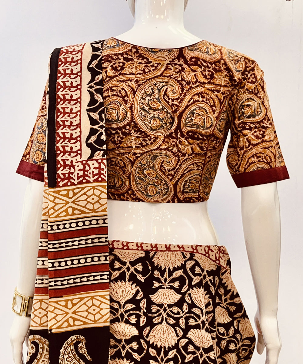 Mustard red kalamkari handblock printed cotton blouse