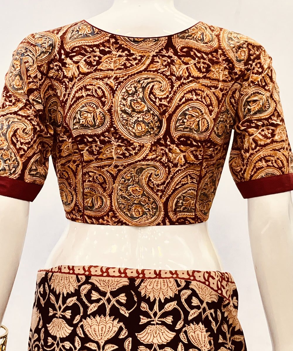 Mustard red kalamkari handblock printed cotton blouse