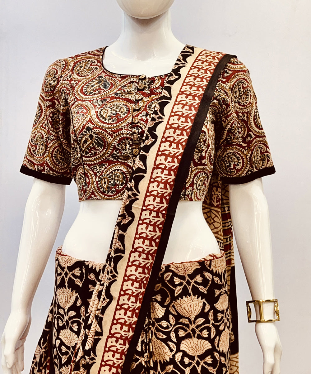 Red beige kalamkari handblock printed cotton blouse