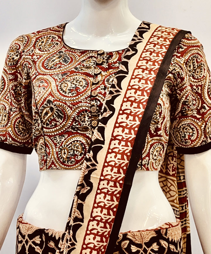 Red beige kalamkari handblock printed cotton blouse