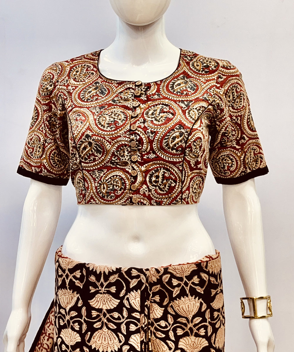 Red beige kalamkari handblock printed cotton blouse