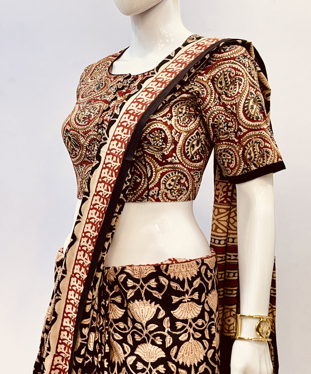 Red beige kalamkari handblock printed cotton blouse