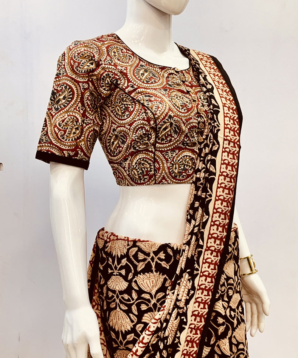 Red beige kalamkari handblock printed cotton blouse