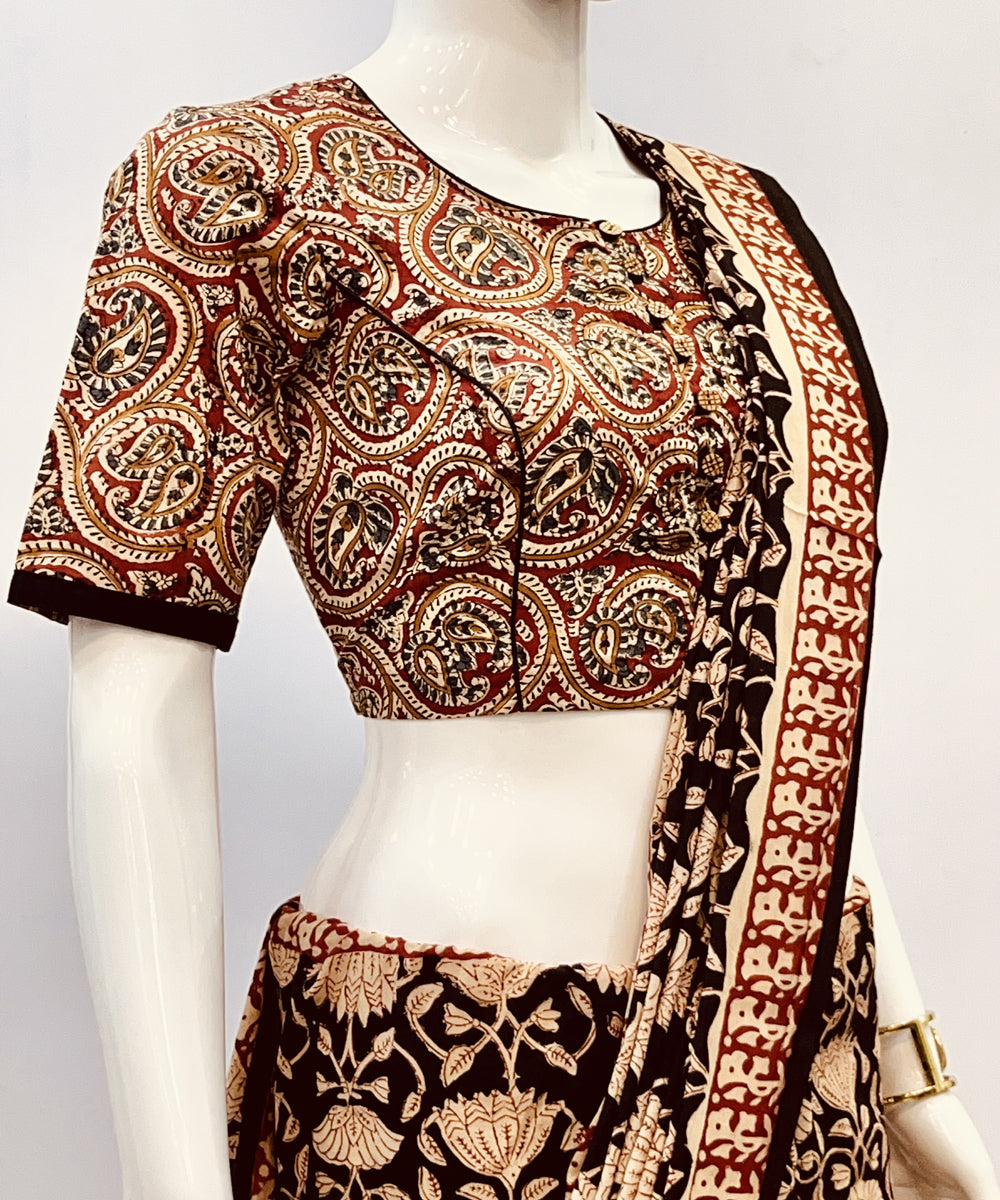 Red beige kalamkari handblock printed cotton blouse