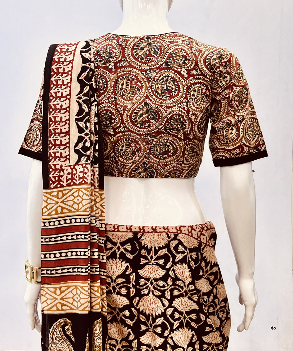 Red beige kalamkari handblock printed cotton blouse