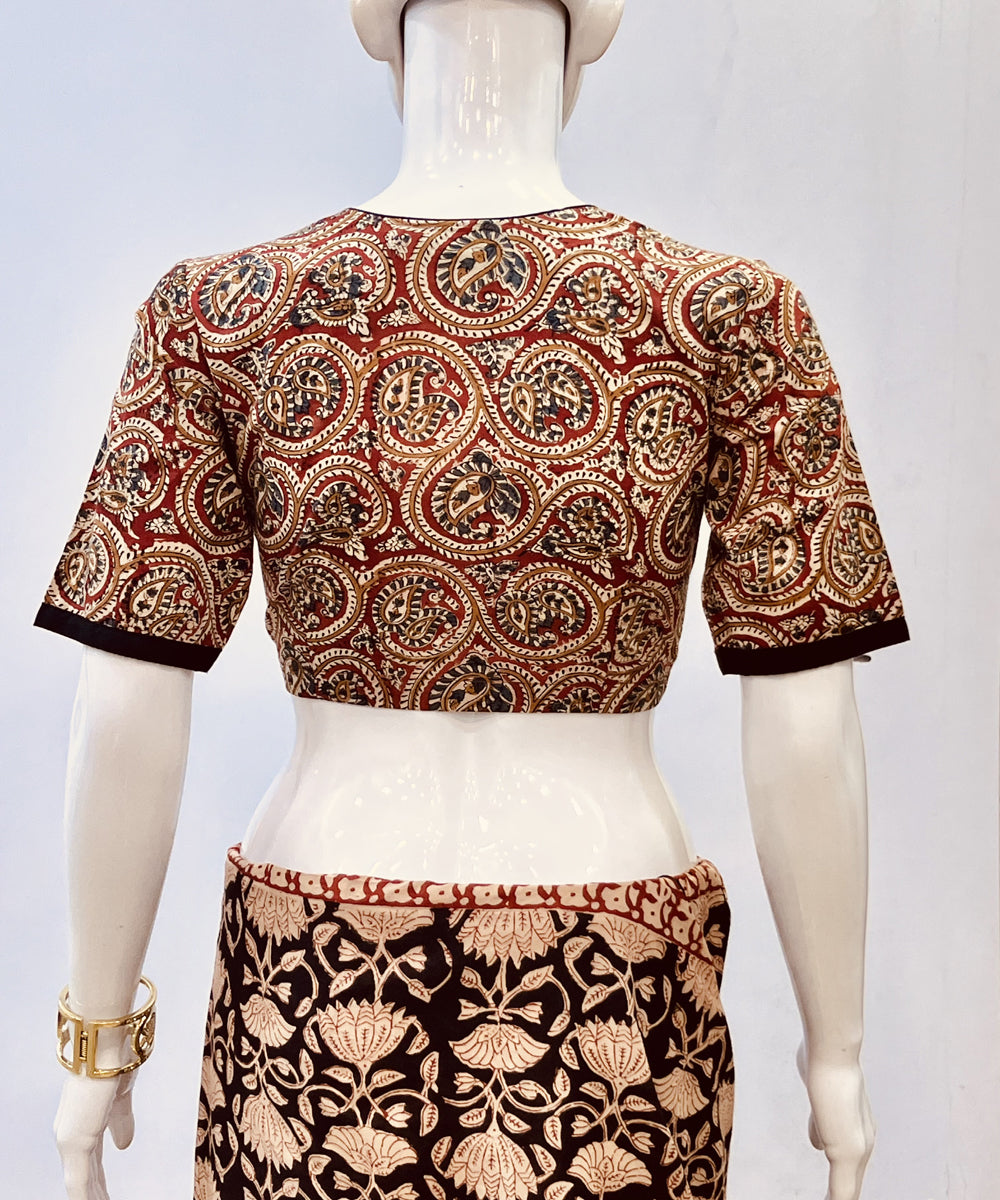 Red beige kalamkari handblock printed cotton blouse