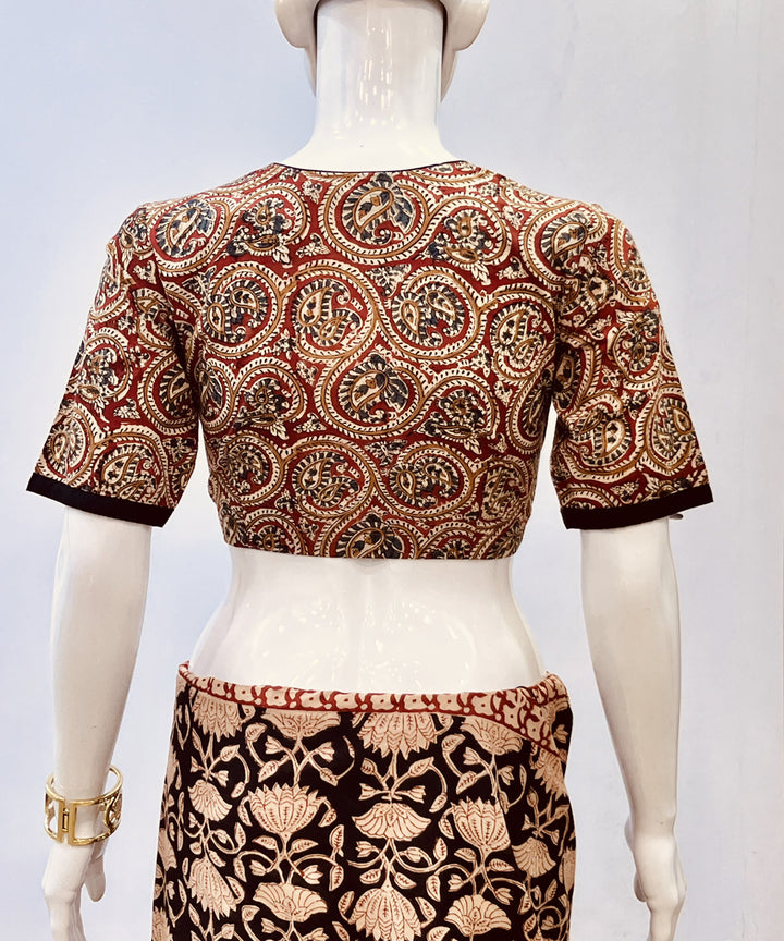 Red beige kalamkari handblock printed cotton blouse