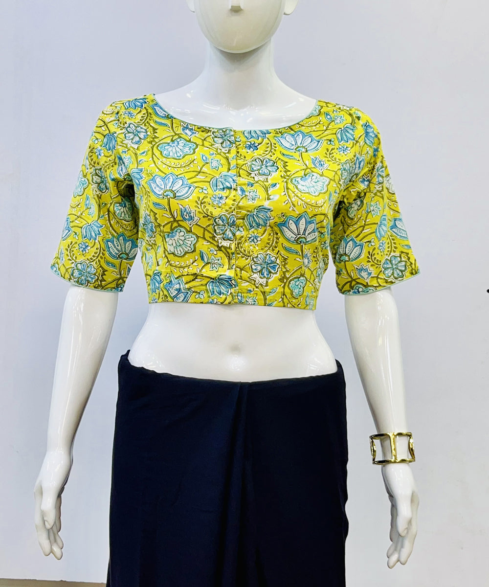 Yellow blue handblock printed cotton blouse