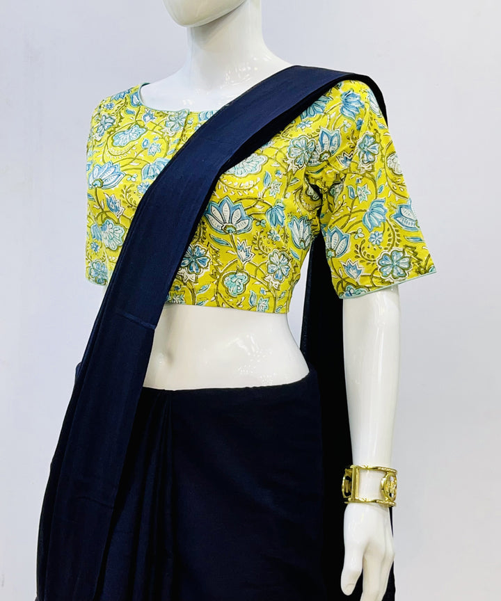 Yellow blue handblock printed cotton blouse