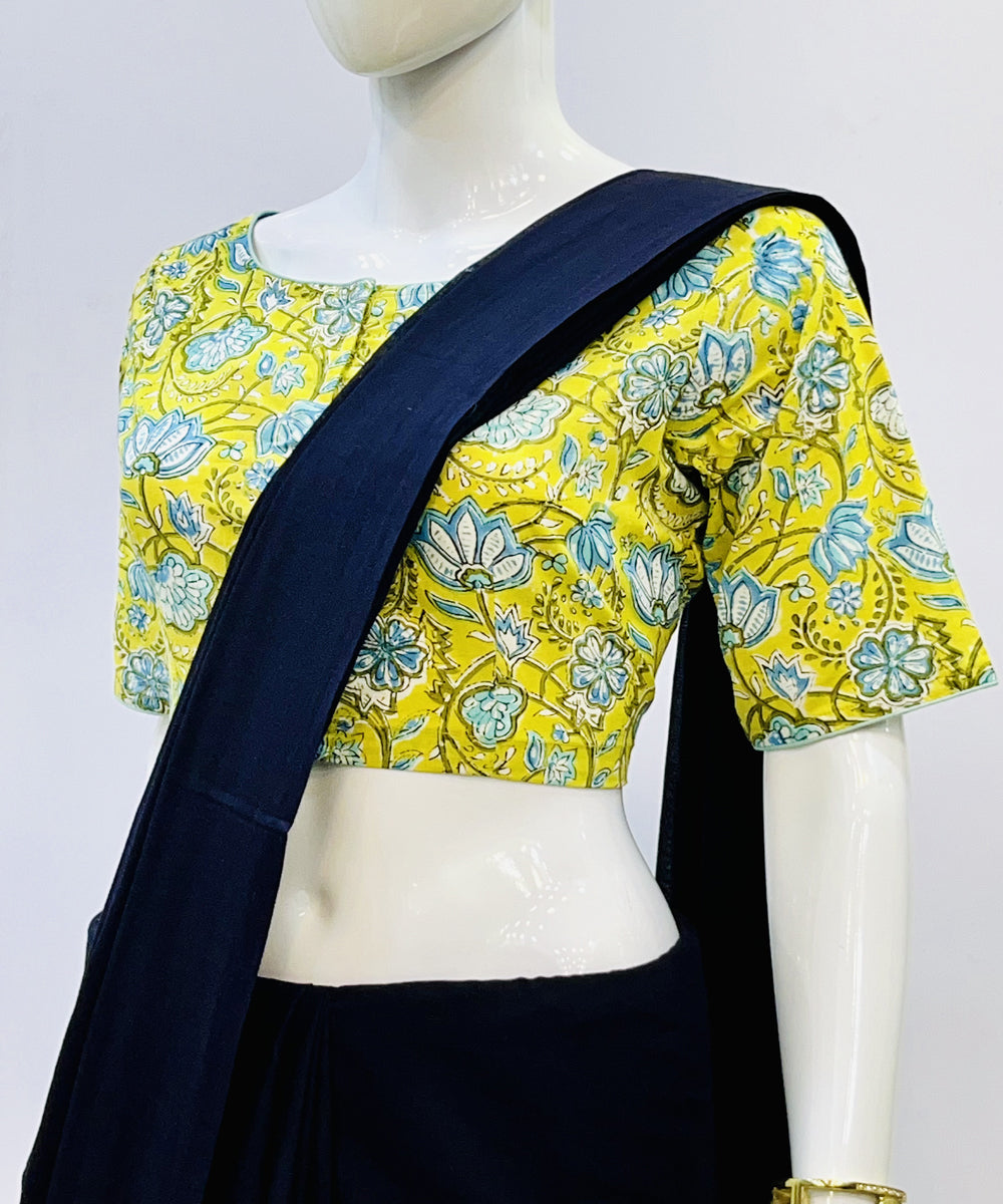 Yellow blue handblock printed cotton blouse