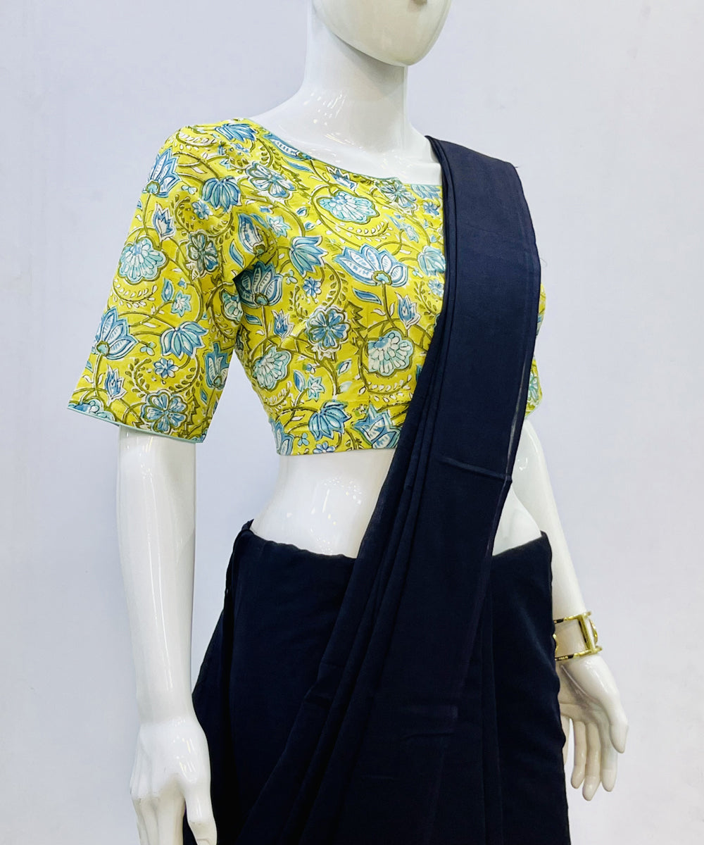 Yellow blue handblock printed cotton blouse