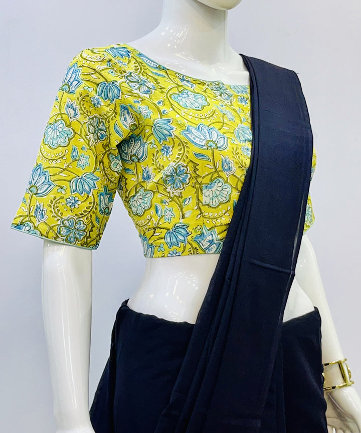 Yellow blue handblock printed cotton blouse