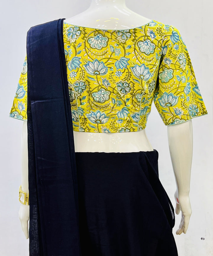 Yellow blue handblock printed cotton blouse